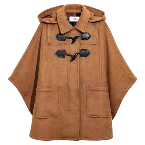 Coach Wool Blend Hooded Duffle Cape Coat Toggle Camel Brown Size M/L - Picture 2 of 14